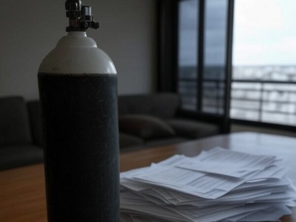 Cilindro de oxigênio e contas de energia em casa no Distrito Federal, ilustrando atraso em desconto para oxigenoterapia.