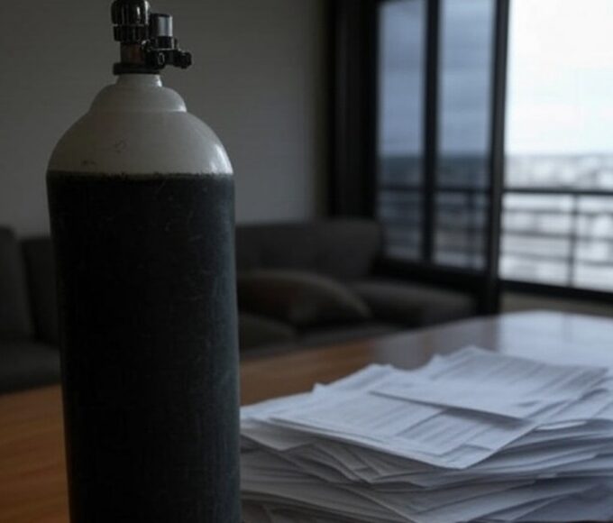 Cilindro de oxigênio e contas de energia em casa no Distrito Federal, ilustrando atraso em desconto para oxigenoterapia.