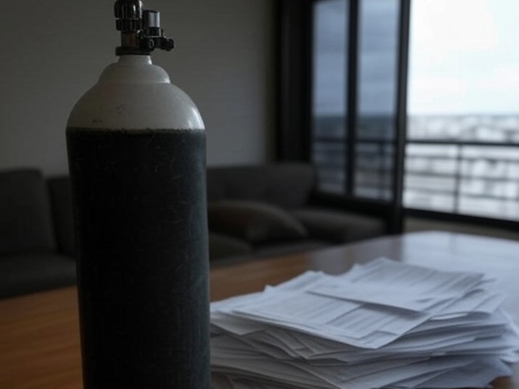 Cilindro de oxigênio e contas de energia em casa no Distrito Federal, ilustrando atraso em desconto para oxigenoterapia.