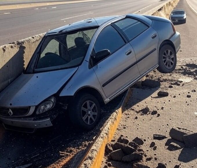 Carro capotado no Eixão Norte em Brasília após colisão com barreira, expondo falhas na sinalização viária.