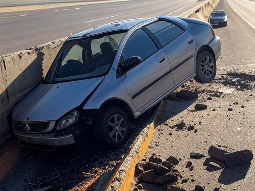 Carro capotado no Eixão Norte em Brasília após colisão com barreira, expondo falhas na sinalização viária.