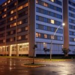 Edifício moderno em Brasília à noite, representando hotel social do GDF para acolhimento de pessoas em situação de rua.