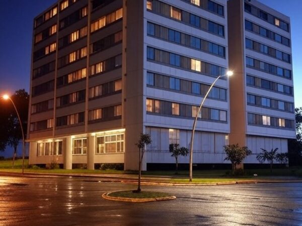Edifício moderno em Brasília à noite, representando hotel social do GDF para acolhimento de pessoas em situação de rua.
