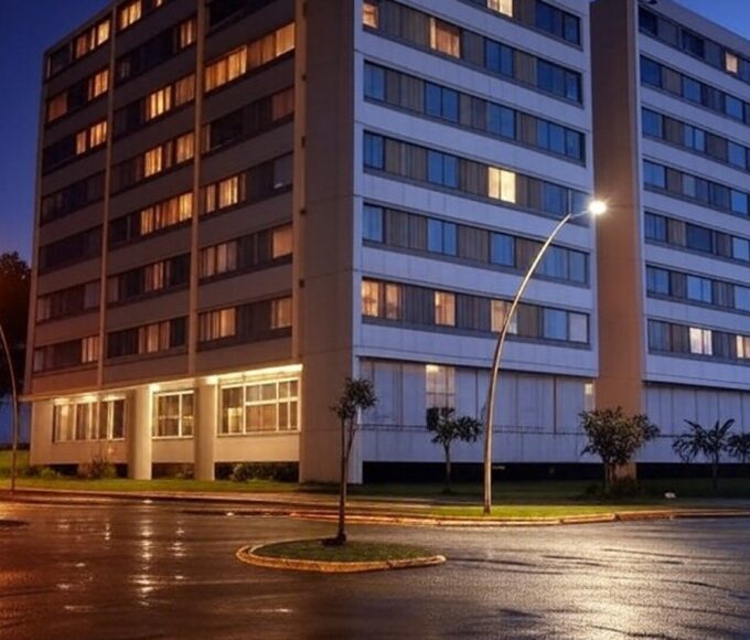 Edifício moderno em Brasília à noite, representando hotel social do GDF para acolhimento de pessoas em situação de rua.