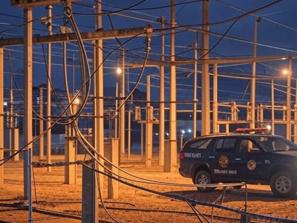 Subestação elétrica no DF com cabos expostos e viatura policial, indicativo de tentativa de furto.