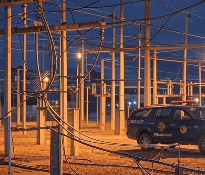 Subestação elétrica no DF com cabos expostos e viatura policial, indicativo de tentativa de furto.