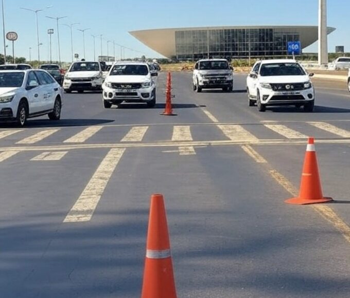 Viaturas do Detran-DF em ação educativa de trânsito em via de Brasília, com sinalizações e arquitetura local.