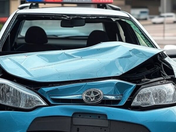 Viatura oficial da polícia brasileira danificada em acidente, simbolizando sobrecarga nos cofres públicos com custos de nova lei.