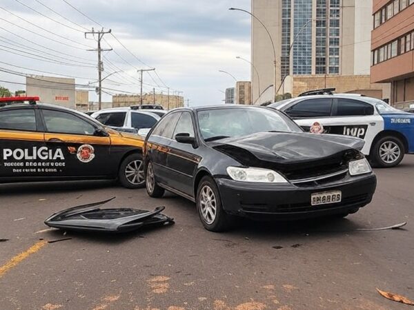 Cena de colisão de veículos em rua de Taguatinga com viaturas da PMDF, estilo fotojornalístico.