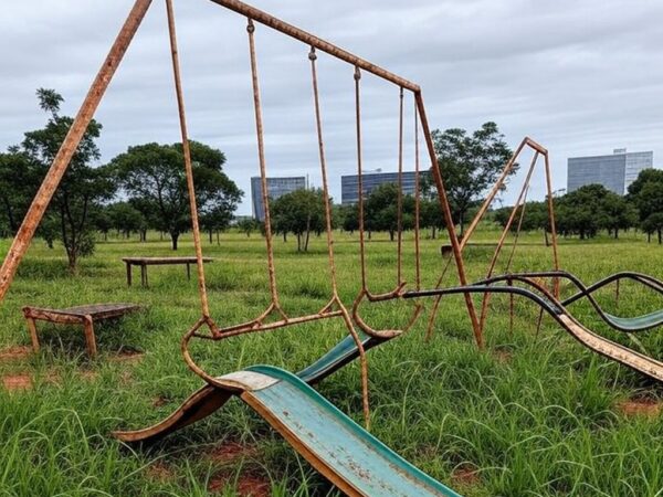 Parquinho público negligenciado em Brasília com equipamentos quebrados e mato alto, representando falha de manutenção do GDF.
