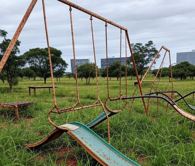 Parquinho público negligenciado em Brasília com equipamentos quebrados e mato alto, representando falha de manutenção do GDF.