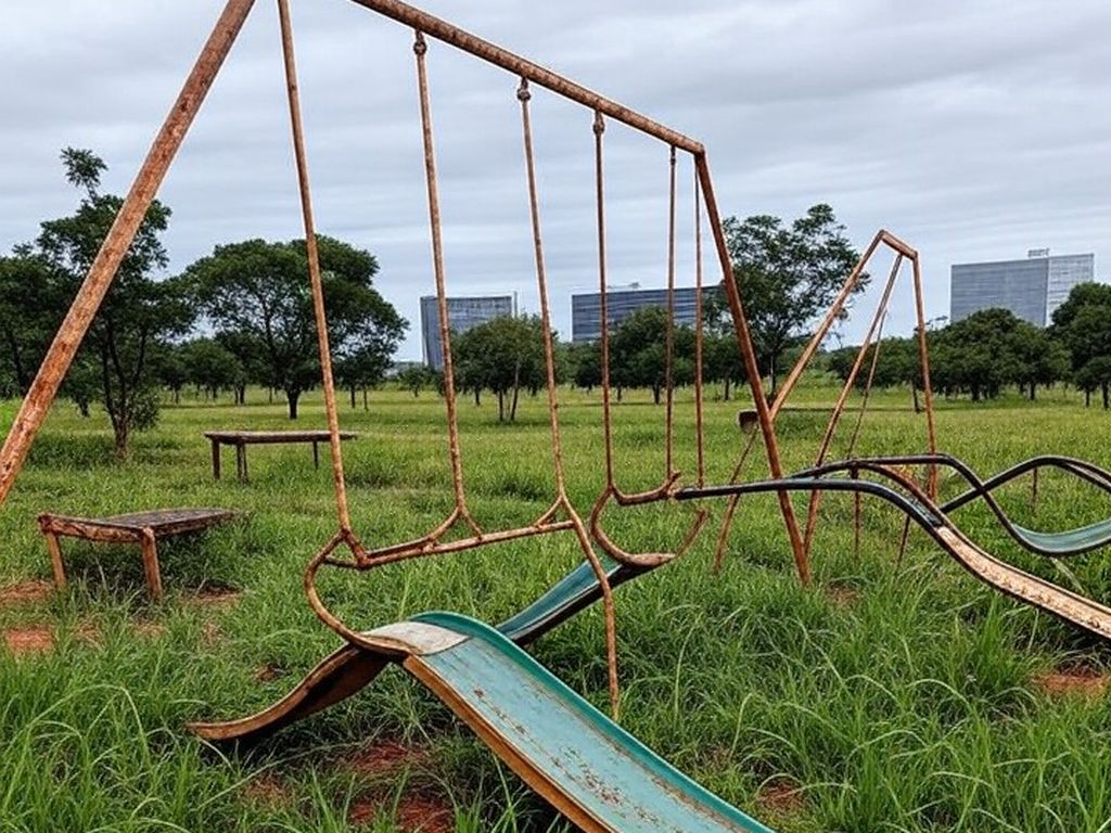 Parquinho público negligenciado em Brasília com equipamentos quebrados e mato alto, representando falha de manutenção do GDF.