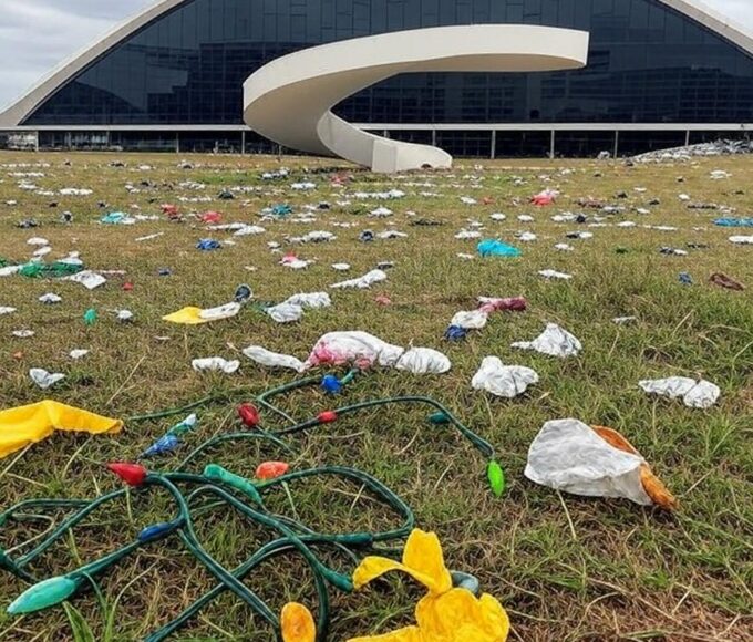Esplanada dos Ministérios em degradação com lixo e decorações natalinas abandonadas após evento milionário do GDF em Brasília.