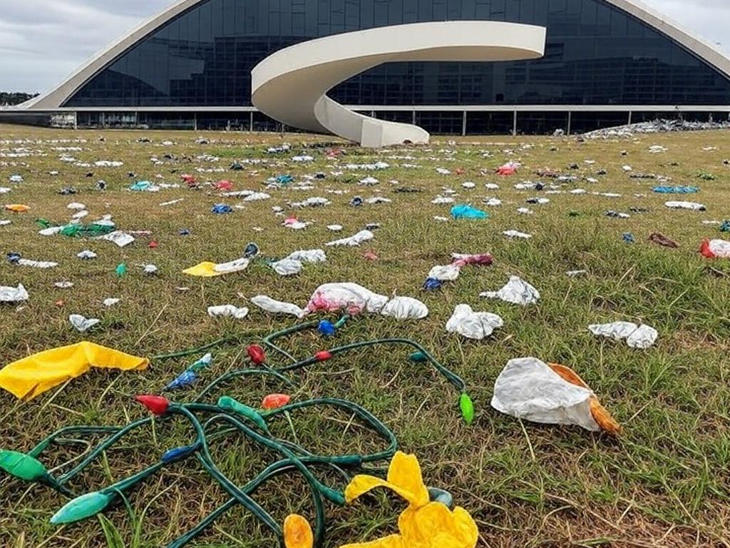 Esplanada dos Ministérios em degradação com lixo e decorações natalinas abandonadas após evento milionário do GDF em Brasília.