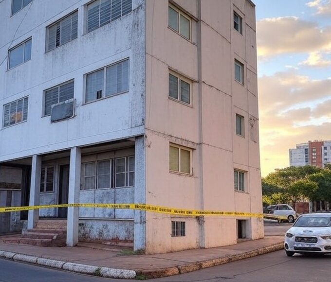 Prédio interditado pela Defesa Civil em Taguatinga Norte devido a risco de desabamento, com fitas de isolamento e veículos oficiais.