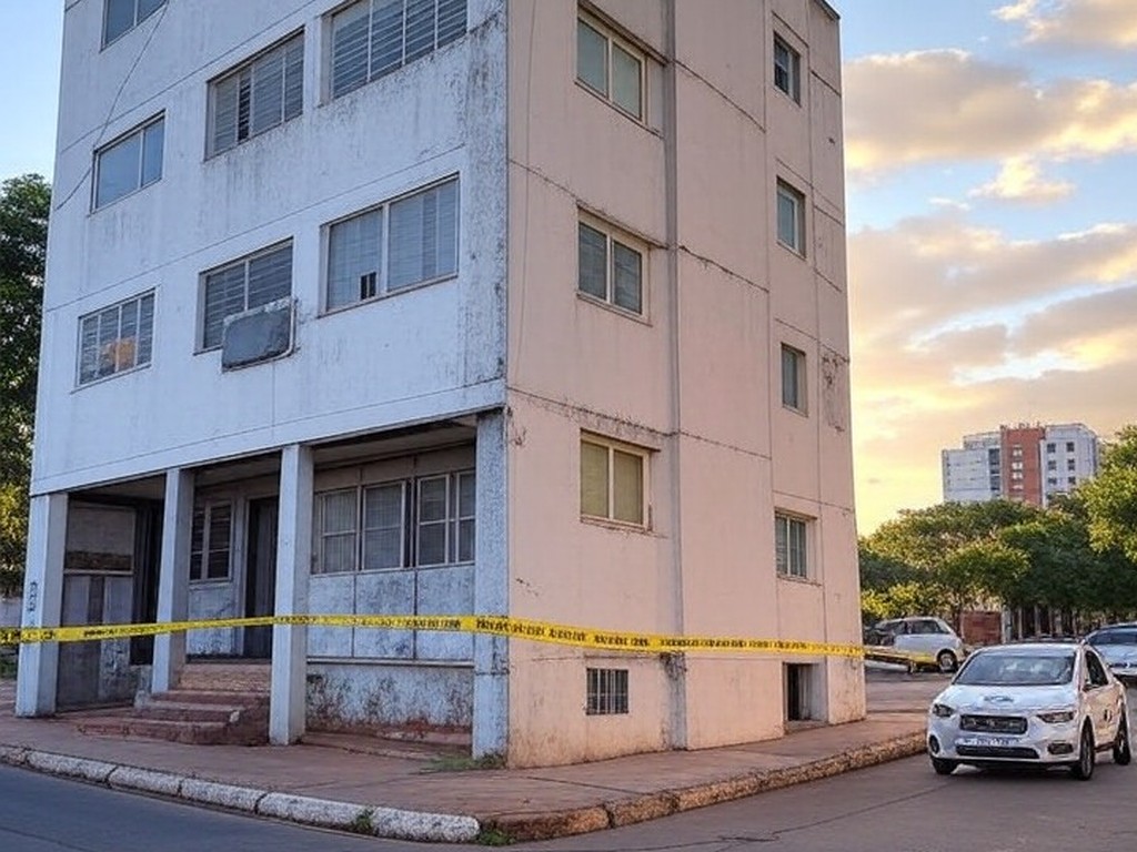 Prédio interditado pela Defesa Civil em Taguatinga Norte devido a risco de desabamento, com fitas de isolamento e veículos oficiais.