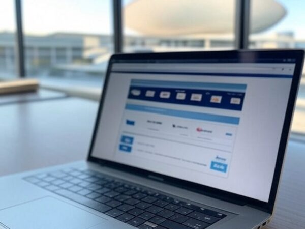 Imagem de laptop com alerta de golpe online, vista de Brasília ao fundo, representando fraudes no DF.