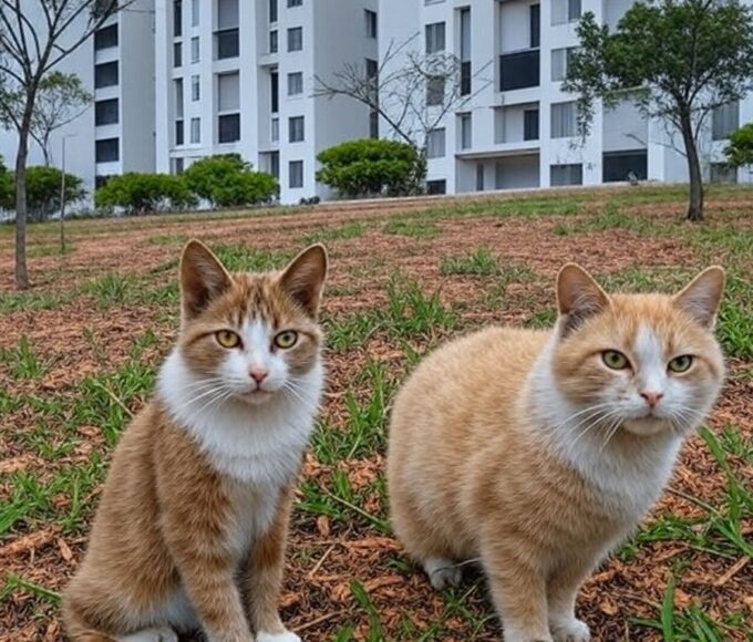Condomínio em Brasília com animais vagando livremente, representando lei de proteção a protetores ignorando queixas de moradores.