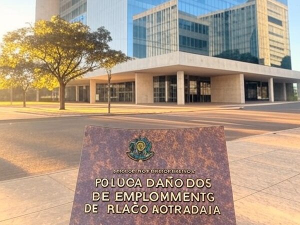 Prédio governamental em Brasília com placa de vagas de emprego para pessoas em situação de rua, representando iniciativa do GDF.