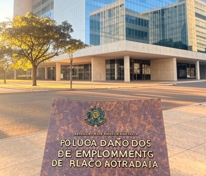 Prédio governamental em Brasília com placa de vagas de emprego para pessoas em situação de rua, representando iniciativa do GDF.