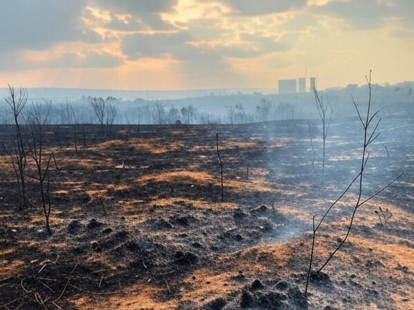 Área de Cerrado queimada no Distrito Federal, com fumaça e vegetação destruída por incêndio.