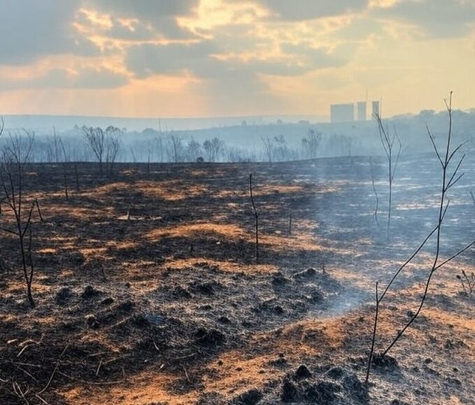 Área de Cerrado queimada no Distrito Federal, com fumaça e vegetação destruída por incêndio.