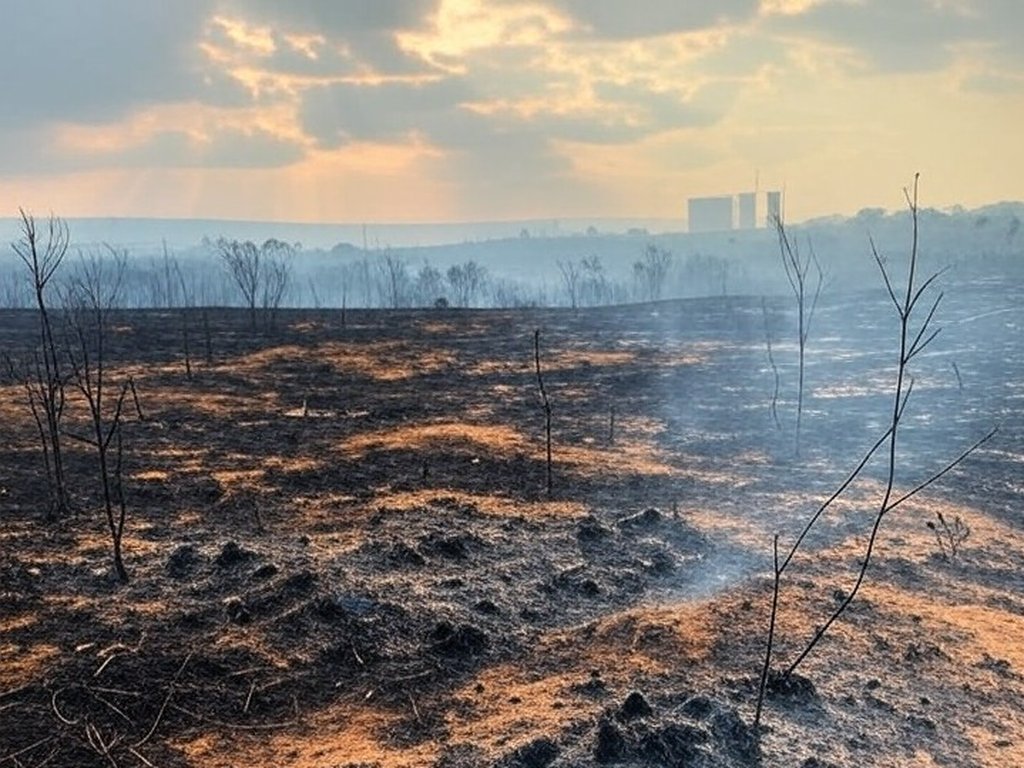 Área de Cerrado queimada no Distrito Federal, com fumaça e vegetação destruída por incêndio.