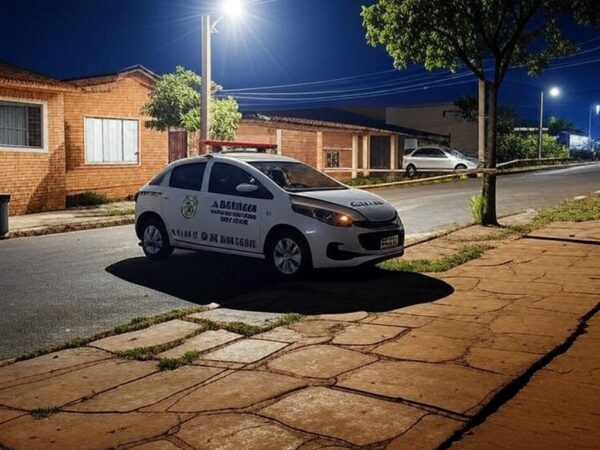 Cena de rua em Planaltina com viatura policial e fita de isolamento em frente a casa, representando investigação de crime.