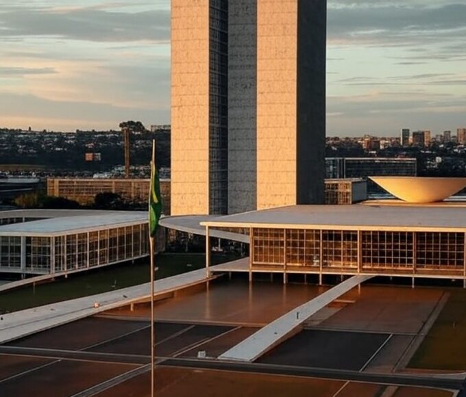 Edifícios governamentais em Brasília representando favoritismo em eleição para governo do DF e fissuras em alianças políticas.