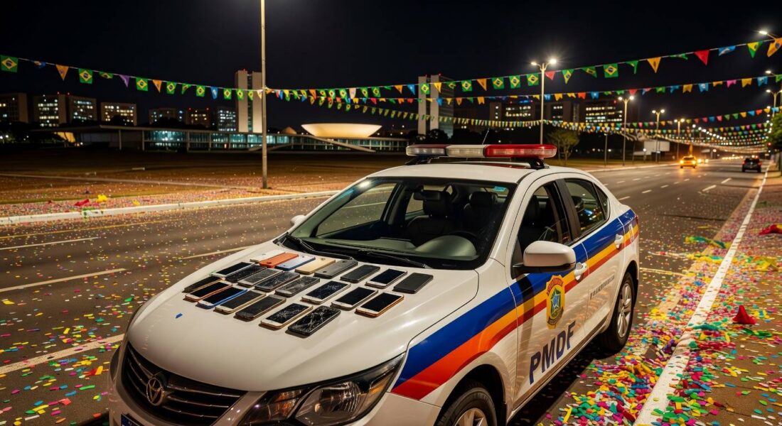 Viatura da PMDF em rua de Brasília com celulares furtados no Carnaval, confetes no chão e arquitetura moderna ao fundo.