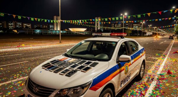 Viatura da PMDF em rua de Brasília com celulares furtados no Carnaval, confetes no chão e arquitetura moderna ao fundo.