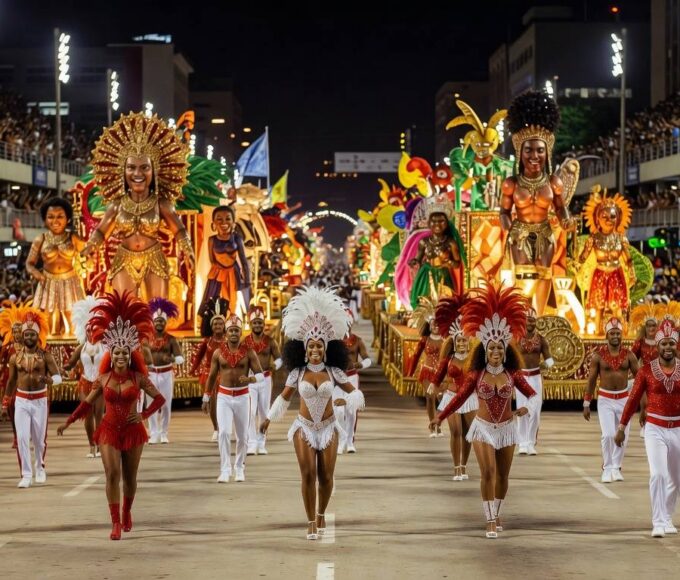 Desfile de escola de samba no Sambódromo do Rio, com carros alegóricos coloridos, em evento criticado pela oposição política.