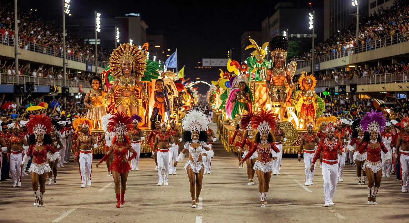 Desfile de escola de samba no Sambódromo do Rio, com carros alegóricos coloridos, em evento criticado pela oposição política.