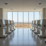 Sala de centro de nefrologia no Hospital de Taguatinga com 29 máquinas de hemodiálise novas, ambiente hospitalar moderno no Brasil.