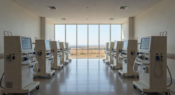 Sala de centro de nefrologia no Hospital de Taguatinga com 29 máquinas de hemodiálise novas, ambiente hospitalar moderno no Brasil.