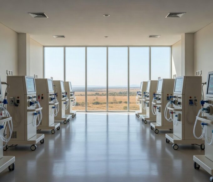 Sala de centro de nefrologia no Hospital de Taguatinga com 29 máquinas de hemodiálise novas, ambiente hospitalar moderno no Brasil.