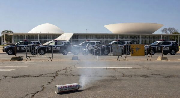 Viatura da PM em Brasília com spray de pimenta caído, representando incidente com deputado Fábio Felix.