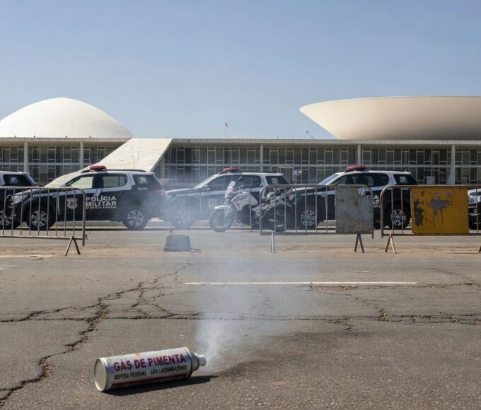 Viatura da PM em Brasília com spray de pimenta caído, representando incidente com deputado Fábio Felix.