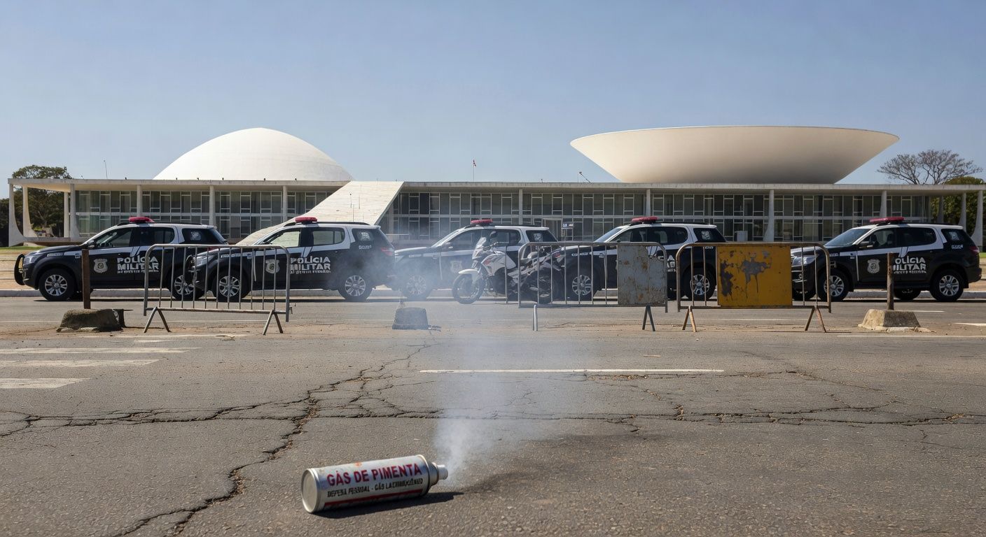 Viatura da PM em Brasília com spray de pimenta caído, representando incidente com deputado Fábio Felix.