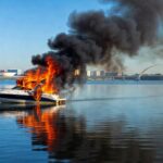 Incêndio em lancha no Lago Paranoá, Brasília, com chamas e fumaça sobre a água.