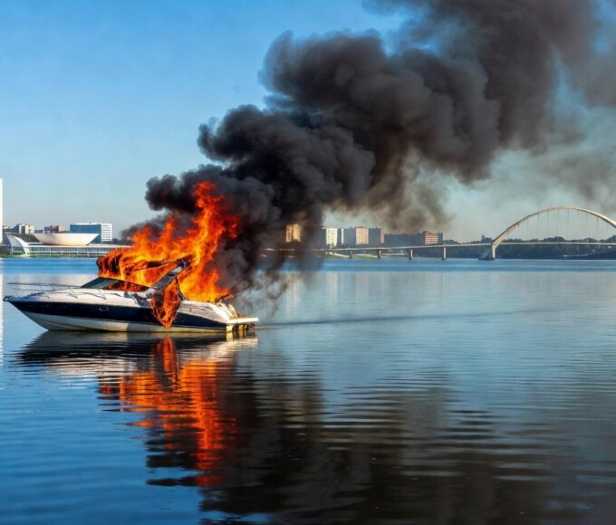 Incêndio em lancha no Lago Paranoá, Brasília, com chamas e fumaça sobre a água.