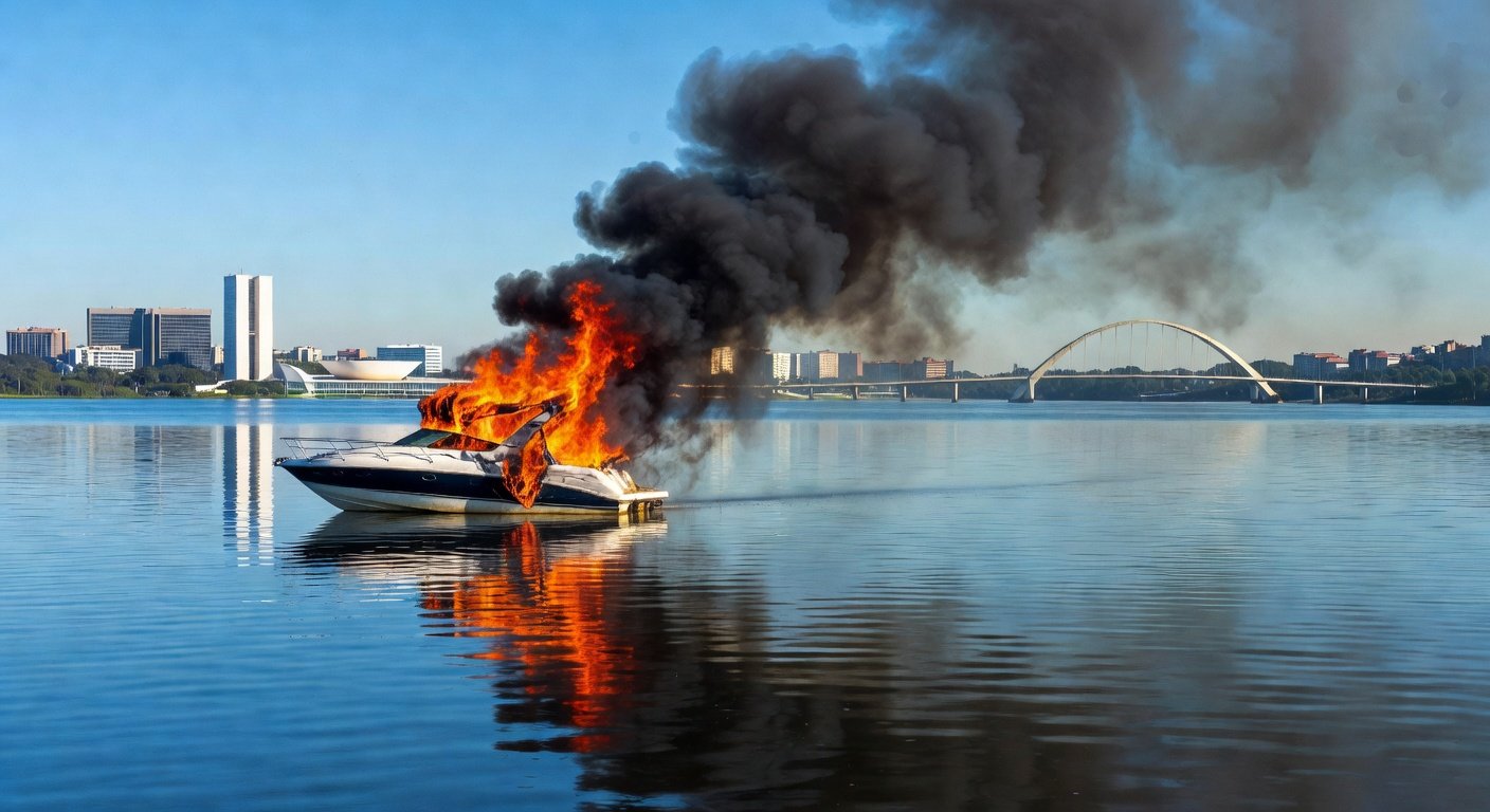 Incêndio em lancha no Lago Paranoá, Brasília, com chamas e fumaça sobre a água.