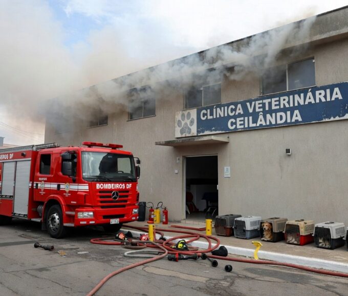 Viaturas de bombeiros em frente a clínica veterinária em Ceilândia após resgate de animais de incêndio.