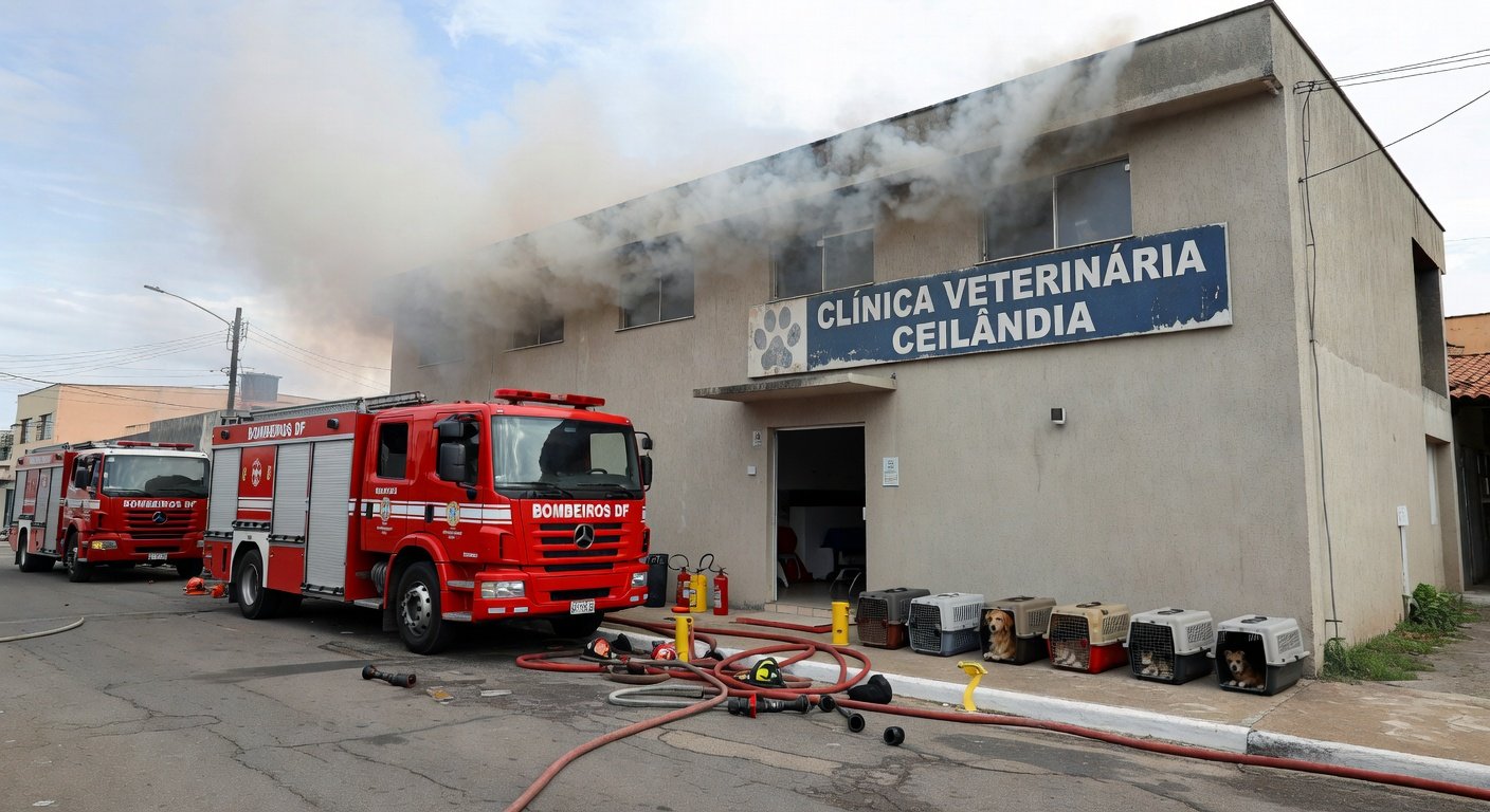 Viaturas de bombeiros em frente a clínica veterinária em Ceilândia após resgate de animais de incêndio.