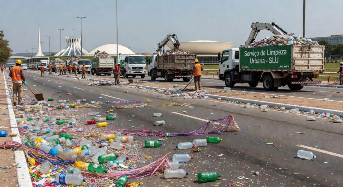 Rua em Brasília com lixo pós-Carnaval sendo recolhido por caminhões do SLU, totalizando 29 toneladas, dobro de 2025.
