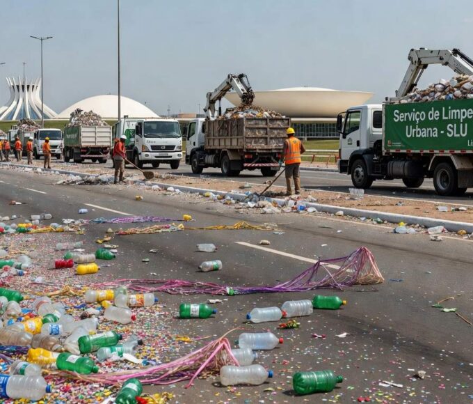 Rua em Brasília com lixo pós-Carnaval sendo recolhido por caminhões do SLU, totalizando 29 toneladas, dobro de 2025.