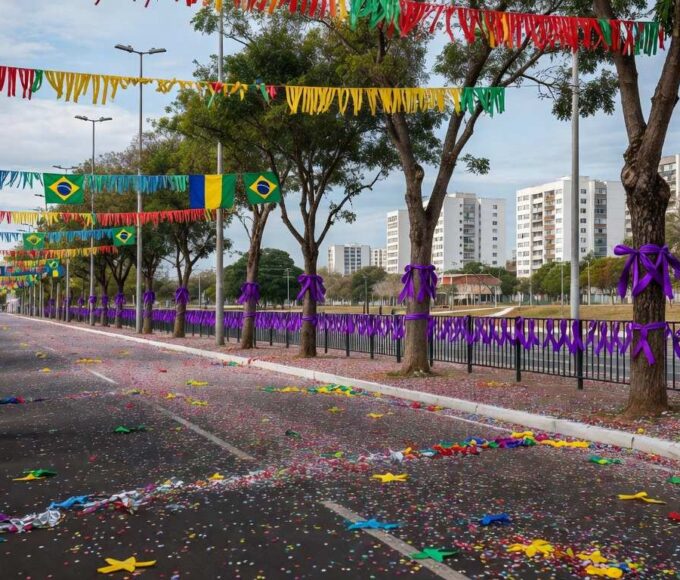 Rua em Brasília com confetes e máscaras de Carnaval espalhados, representando campanha contra assédio nos blocos.