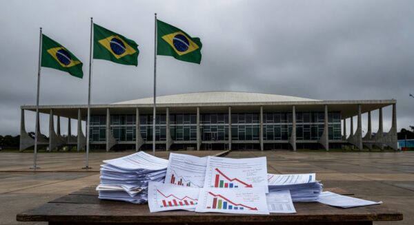 Edifício da CLDF em Brasília com documentos e gráficos de metas fiscais falhas de 2025 sob críticas.