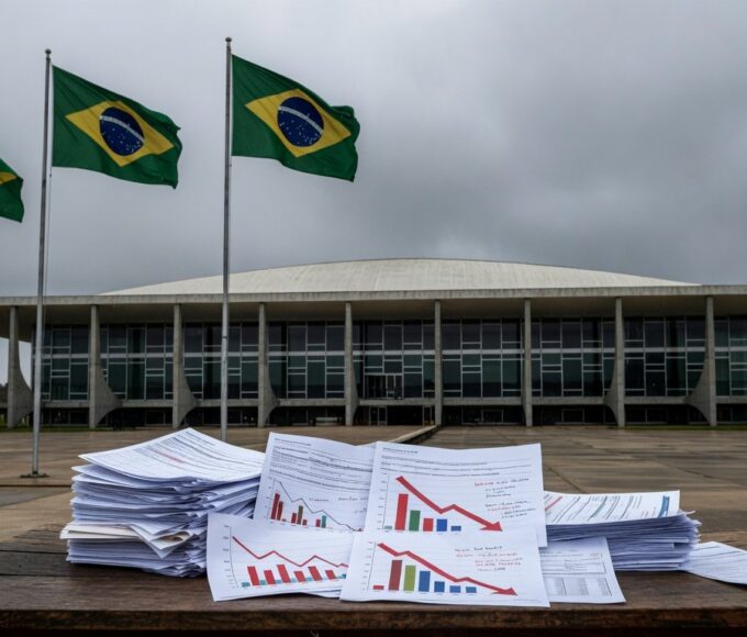 Edifício da CLDF em Brasília com documentos e gráficos de metas fiscais falhas de 2025 sob críticas.