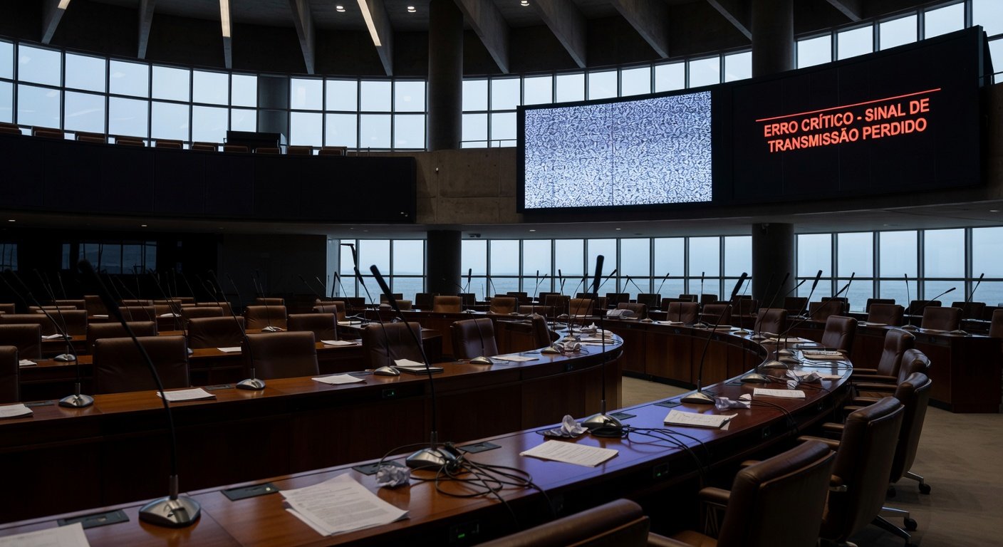 Sala de plenário vazia da CLDF com telas de transmissão ao vivo falhando, destacando ineficiências em sessão ordinária.